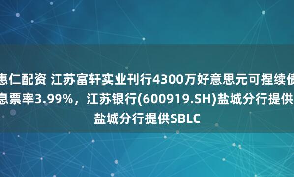 惠仁配资 江苏富轩实业刊行4300万好意思元可捏续债券，息票率3.99%，江苏银行(600919.SH)盐城分行提供SBLC
